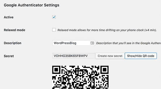 Google Authenticator WordPress plugin settings